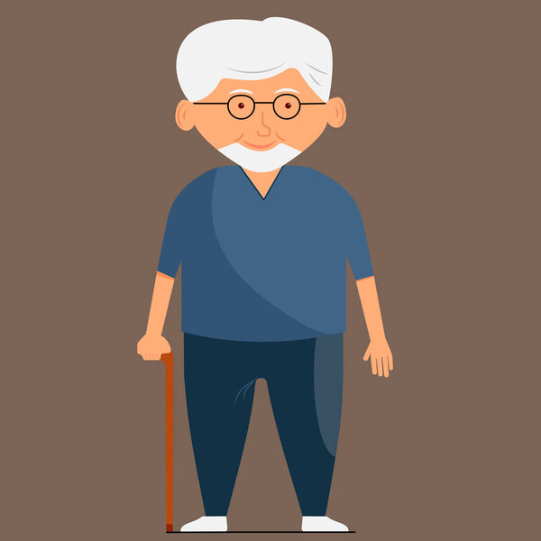 Пожилой человек, дедушка в очках и голубой рубашке, стоит на тёмном фоне с тростью. Он выглядит так, будто ему около 60 или 70 лет. Вектор.