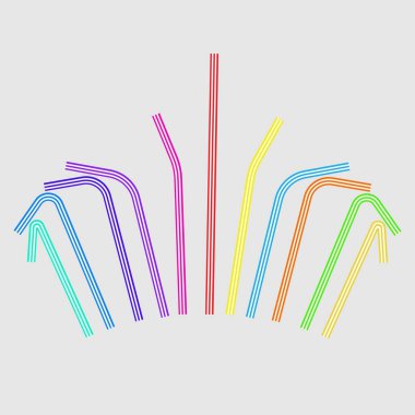 Vektör rengi pipetler. Soğuk içecekler için plastik esnek borular. Sıvı emmek için esnek kağıt çubuklar. Meyve suyu veya soda için tek kullanımlık pipetler. Vektör kokteyli