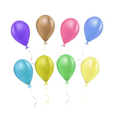 Havada süzülen bir dizi gerçekçi helyum balonu. Renkli parlak balonlar, dekorasyon partileri, tatiller, doğum günleri ve kutlamalar için mükemmel. Şeffaf arkaplanda izole edilmiş. Vektör illüstrasyonu