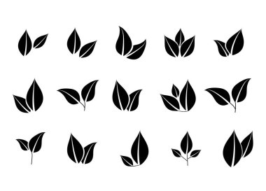 Siyah ve beyaz yaprak ikonları. Eko-yaprak logosu. Ağaçların ve bitkilerin basit doğrusal yaprakları. Çevre dostu ve biyolojik logo elementleri, vegan. Ekolojik yaprak ögesi.