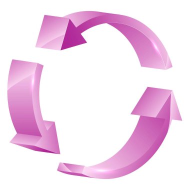 Üç oktan oluşan çemberin 3 boyutlu gerçekçi vektör çizimi yenilenme ya da yeniden başlatma sembolü. Yuvarlak okları tekrar et. Vektör çizgi film illüstrasyonu