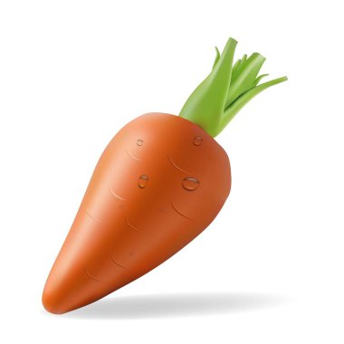 Hacim dokusuna sahip üç boyutlu havuç, su damlaları, yeşil kuyruk, örgü örgüsü ile yaratılmış gerçekçi bir vektör. Paketleme tasarımı, menü, uygulamalar, sağlıklı gıda reklamları ve vegan projeleri için ideal.