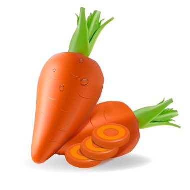 Taze havucun gerçekçi temsili. Ağları kullanarak 3 boyutlu sebzeler: iki tam kök sebze ve halkalar halinde dilimlenmiş. Sulu renk, yumuşak gölgeler ve röfleler ses ve doğallık ekler. Aşçılık projeleri ve ürün reklamları için ideal