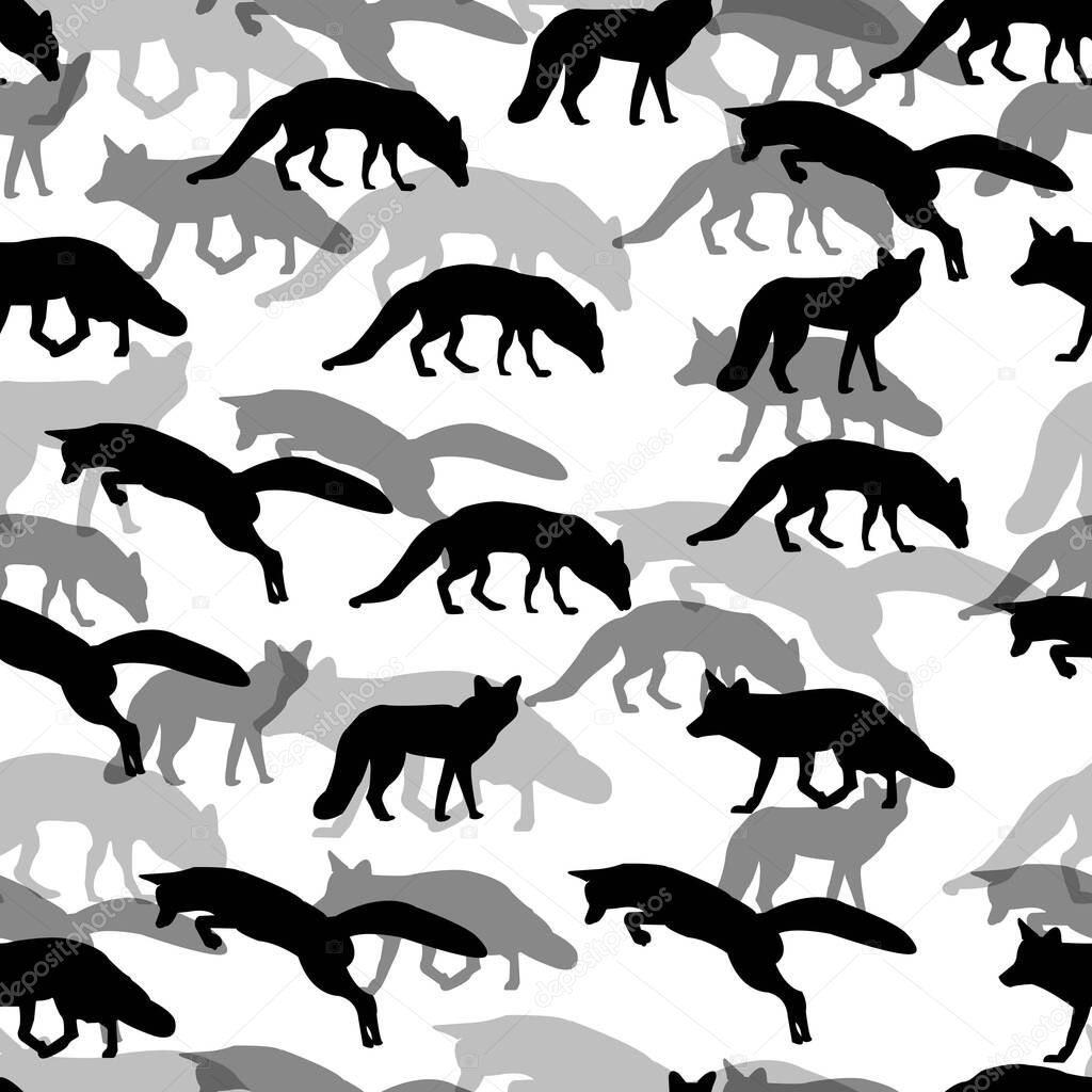 Seamless vector pattern of black silhouettes of foxes of different transparency on a white background