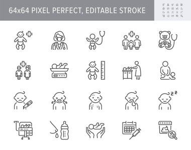 Pediatrics line icons. Vector illustration include icon - incubator, breastfeed, stethoscope, colic, massage, chickenpox, rash outline pictogram for baby care. 64x64 Pixel Perfect, Editable Stroke. clipart