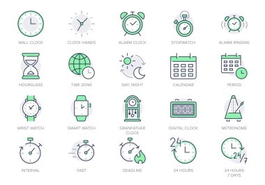Zaman çizgisi simgeleri. Vektör illüstrasyonunda simge - takvim, kum saati, kol saati, program, kronometre, hızlı, akıllı saat, saat için zaman bitiş çizelgesi. Yeşil Renk, Düzenlenebilir Vuruş.