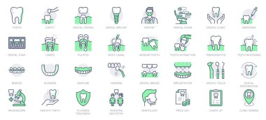 Diş sağlığı çizgisi simgeleri. Vektör illüstrasyonunda ikon - implant, diş teli, diş ağrısı, hizalama, kaplama, stomatoloji kliniği için diş taslağı pictogram. Yeşil Renk, Düzenlenebilir Vuruş.