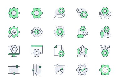 Settings line icons. Vector illustration include icon - cogwheel, repair, spanner, config, automation process, service, outline pictogram for system maintenance. Green Color, Editable Stroke. clipart