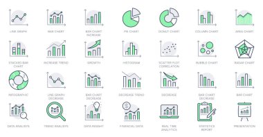 Graph line icons. Vector illustration include icon - data analysis, diagram, stat, histogram, economy outline pictogram for infographic statistic presentation. Green Color, Editable Stroke. clipart