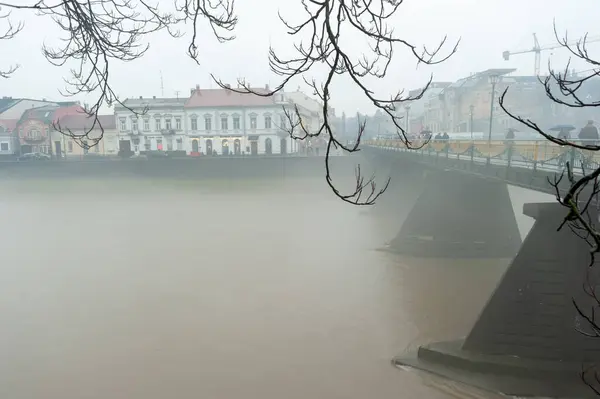 Uzh Nehri üzerinde sisli bir gün Uzhhorod şehrini tam ortada ikiye bölüyor.