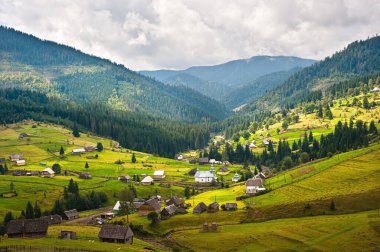 Baharın erken saatlerinde yeşilliğin arka planına karşı bir dağ köyü