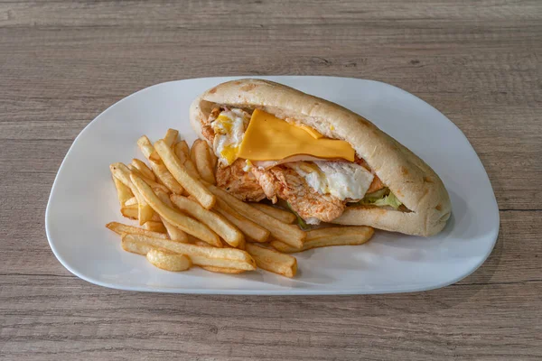 Middle East dishe culinary Still Life. Sandwich chicken, egg and cheese with french fries