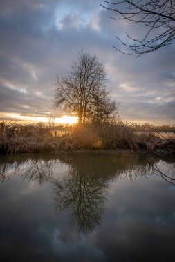 Sunset in a garden near the river with trees, fields and reflection in the water