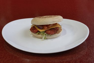 Middle East dishe culinary Still Life. Chicken Tikka burger with cheddar cheese and salad
