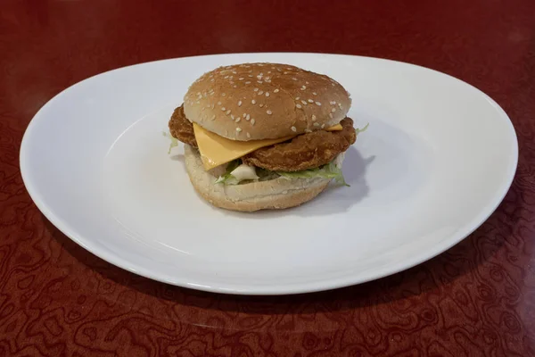 Middle East dishe culinary Still Life. Chicken fillet burger with cheddar cheese and salad