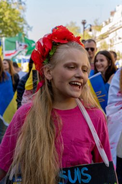 Paris, France - 04 10 2022: Demonstration against the war in Ukraine. View of crowd during March for ukraine demonstration