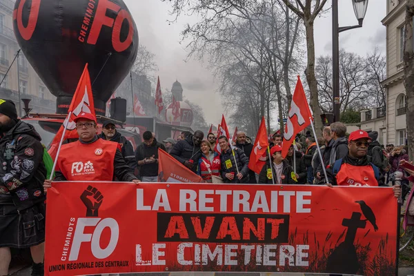 Paryż Francja 2023 Strajk Demonstracja Paryżu Przeciwko Projektowi Reformy Emerytalnej — Zdjęcie stockowe