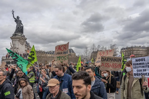 stock image Paris, France - 03 23 2023: Strike. Demonstration in Paris against the pension reform project