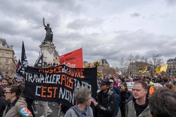 stock image Paris, France - 03 23 2023: Strike. Demonstration in Paris against the pension reform project