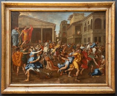 Paris, Fransa - 02 19 2023: Le Louvre Müzesi. Nicolas Poussin 'in Sabine kadınlarına tecavüz