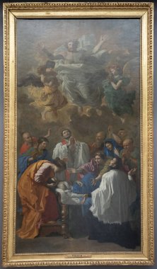 Paris, Fransa - 02 19 2023: Le Louvre Müzesi. Aziz Francis Xavier Nicolas Poussin 'in çizdiği bir ev sahibinin kızını hayata döndürüyor.