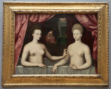 Paris, Fransa - 02 19 2023: Le Louvre Müzesi. Gabrielle d 'Estrees ve kız kardeşi, Düşes de Villars' ın portresi olduğu sanılıyor.
