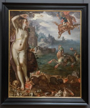 Paris, Fransa - 02 19 2023: Le Louvre Müzesi. Kahraman Perseus, Joachim Wtewael 'in çizdiği Andromeda' yı kurtarıyor.