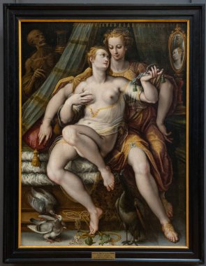 Paris, Fransa - 02 19 2023: Le Louvre Müzesi. Kibir, ılımlılık veya tevazu ve ölüm Jan Van Der Straet tarafından resmedilmiştir.