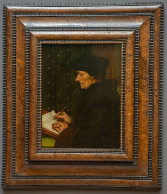 Paris, Fransa - 02 19 2023: Le Louvre Müzesi. Hans Holbein le Jeune tarafından çizilen hümanist Erasmus 'un portresi