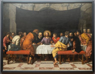 Paris, Fransa - 02 19 2023: Le Louvre Müzesi. Frans Pourbus 'un müritleriyle İsa Mesih' in son yemeği.