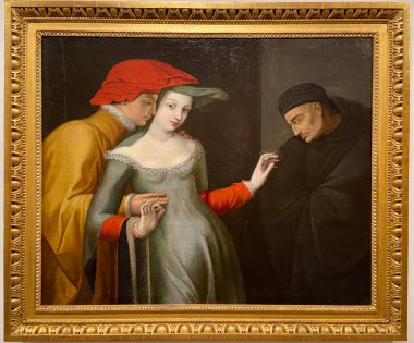 Aix-En-Provence, Fransa - 04 20 2023 Granet Müzesi. İki yaş arasındaki kadın anonim bir Fransız okulu tarafından resmedilmiş.