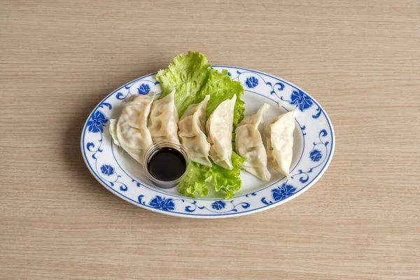 Dishe Asiática Culinária Still Life Gyozas Tailandesas Com Saladas Molho — Fotografia de Stock