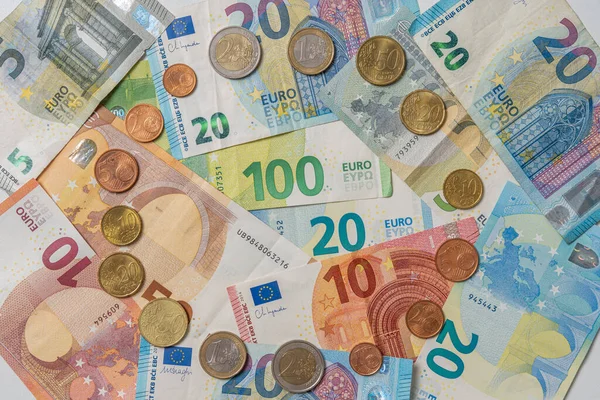 Ainda Vida Vista Perto Das Notas Moedas Euro — Fotografia de Stock