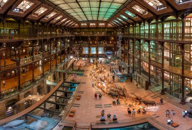 Paris, Fransa - 06 10 2023: Paris Büyük Evrim Galerisi. Parlak bir duvar ve tavanı olan galerinin genel manzarası