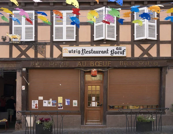 stock image Barr, France - 06 24 2023: City of Barr. View of a typical Alsatian restaurant in a village