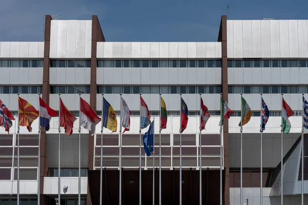 法国斯特拉斯堡 2023 斯特拉斯堡市 欧洲委员会前所有欧洲国旗的景观 — 图库照片