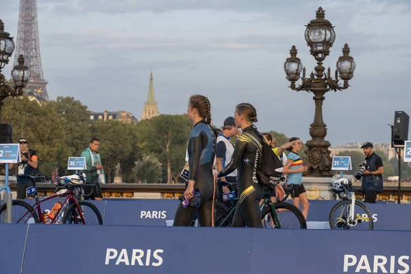 stock image Paris, France - 08 17 2023: Paris 2024 triathlon test event. Female athletes preparing for triathlon race