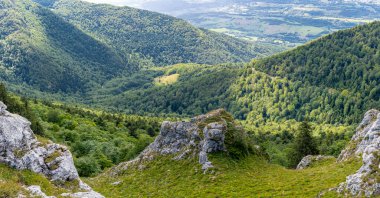 Grand Colombier Geçidi. Col Du Grand Colombier 'in manzarası, orman, yol, Bourget Gölü ve arkadaki dağlar.
