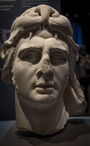 Paris, France - 12 15 2023: The Great Evolution Gallery of Paris. Statue of the face of Mithridate VI Eupator as Hercules
