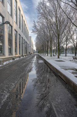 Gennevilliers, Fransa - 12 18 2024: Eco-Mahallesi. Karların altında bir ağaç üzerine inşa edilen binanın görüntüsü