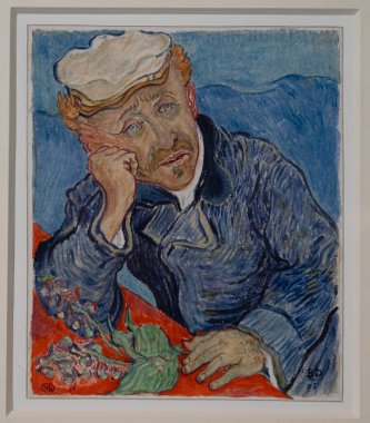 Paris, Fransa - 03 08 2024: Orsay Müzesi. Dr. Gachet 'in portresi Blanche Derousse tarafından suluboya ile yapıldı.