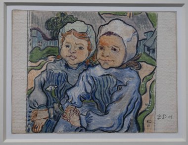 Paris, Fransa - 03 08 2024: Orsay Müzesi. Blanche Derousse tarafından suluboya ile boyanmış iki küçük kız.