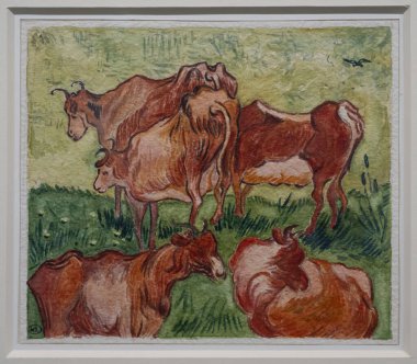 Paris, Fransa - 03 08 2024: Orsay Müzesi. Blanche Derousse tarafından suluboya ile boyanmış çayırdaki inekler.