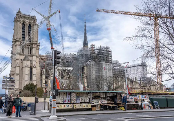 Paříž Francie 2024 Notre Dame Paris Pohled Bouquinistes Paris Místo Stock Obrázky