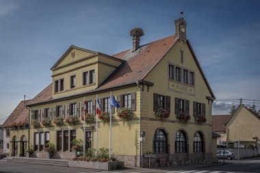 Bir leylek manzarası ve çatı katında bir leylek yuvası