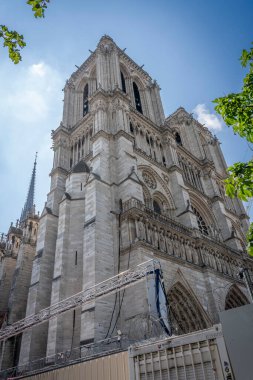 Paris, France - 05 20 2024: Notre Dame de Paris. Panoramic view of the renovation site with scaffolding of Notre-Dame cathedral, 4