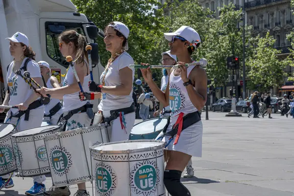 stock image Paris, France - 05 25 2024: Republic's Place. View of Brazilian percussion group playing to the Republic's Place