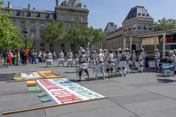 stock image Paris, France - 05 25 2024: Republic's Place. View of Brazilian percussion group playing to the Republic's Place