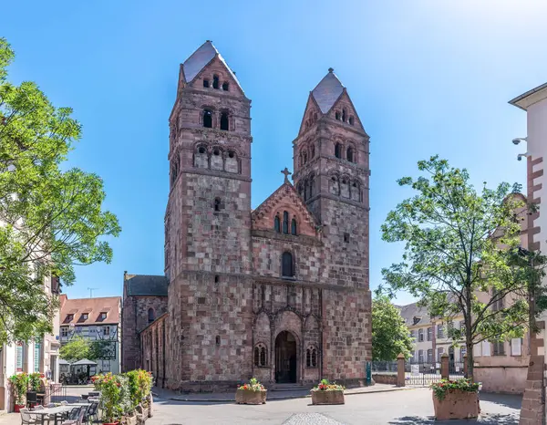 stock image Selestat, France - 06 25 2024: View of the facade of St. Sainte-Foy from Sainte-Foy's Street