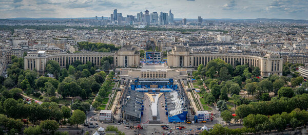Paris, France - 07 17 2024: Olympic Games Paris 2024. View of Trocadero and the Olympic site facilities for Athletics and Cycling from Eiffel Tower